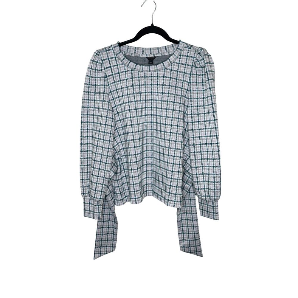 Ann Taylor Womens S White Purple Plaid Balloon Sleeve Blouse Tie Back Career Top
